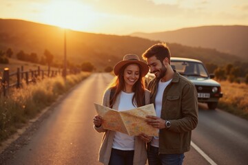 Happy couple exploring road with map at sunset: adventure and journey concept in stunning golden light.