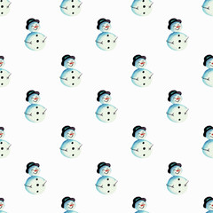 Vector seamless christmas pattern with watercolor snowmen. Repeatable new year cartoon background. Trendy festive print
