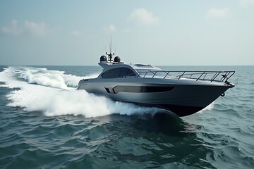 Fototapeta premium Luxury yacht cruising fast through open sea waves under clear sky.