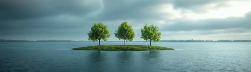 A serene view of three lush trees on a small island surrounded by calm water under a cloudy sky.