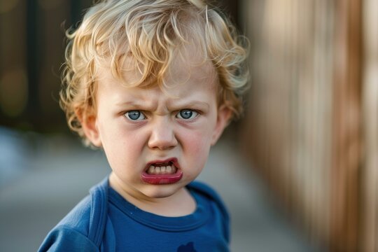 Close up of a very angry toddler baring teeth and making a face