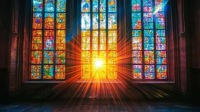 Bright sunlight streams through stained glass windows in a dark cathedral.