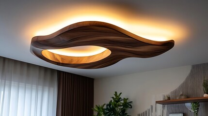 A modern, wooden ceiling light fixture with a unique, flowing design. The light fixture is illuminated, casting a warm glow on the ceiling.