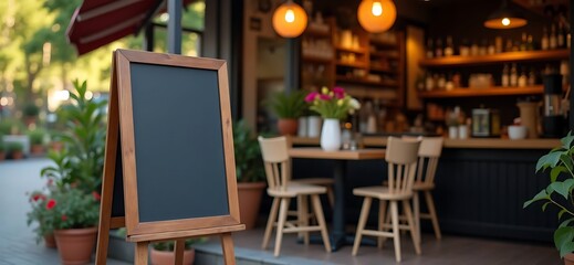 Blank chalkboard sign outside a cozy café with colorful flowers in a vase