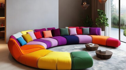 A vibrant, colorful sectional sofa in a modern living room setting.