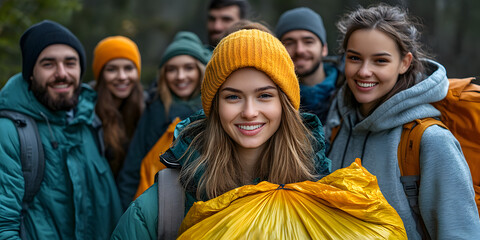  Group of enthusiastic volunteers proudly displaying their trash bags filled with waste after a successful cleanup campaign, celebrating their collective effort in protecting nature