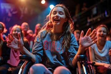 A young girl in a wheelchair enthusiastically interacts with a group of friends at a concert, surrounded by colorful stage lights. Her excitement adds to the atmosphere of the event