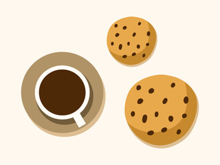 Two oatmeal cookies with chocolate and a cup of coffee, top view. Hot drink. Sweets, confectionery, dessert. Vector illustration