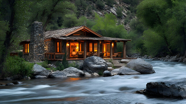 A cozy cabin nestled on the banks of a flowing river, illuminated by warm interior lights.