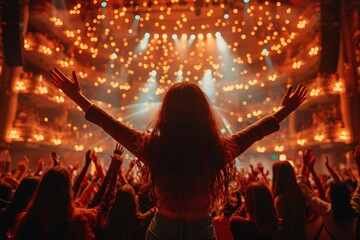 A woman stands with arms raised, immersed in the joyful energy of a concert. The venue is filled with bright lights and an enthusiastic audience, creating a lively atmosphere