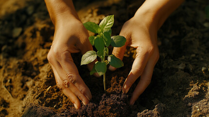 Hands planting young plant in soil with nurturing mood in warm sunlight