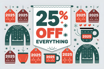 Fototapeta premium Festive Christmas discount 2025 hanging red coloured tags on a decorated background with fir branches, lights, balloons, concept for seasonal promotions and holiday marketing.