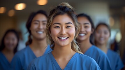 Obraz premium A group of smiling healthcare professionals in scrubs, standing together in a hospital setting. Ideal for healthcare, medical teamwork, and diversity themes.