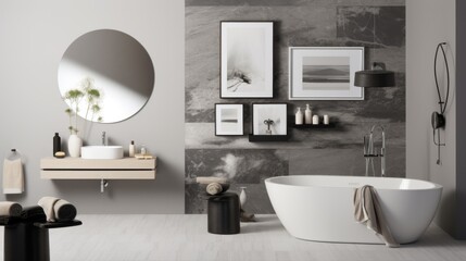 mood board collage design interior bathroom white, gray, black colors round mirror