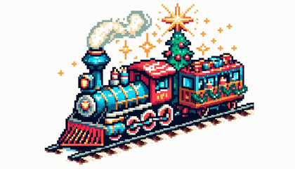 pixel art style christmas themed illustration of train