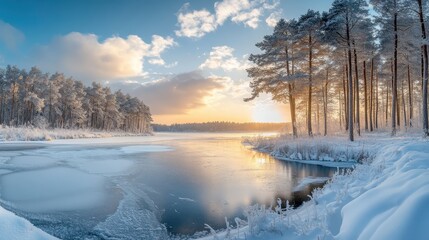 Beautiful winter landscape with frozen river and forest. Panorama. Frozen winter landscape with snow covered trees and lake.