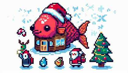 pixel art style christmas themed illustration of a fish