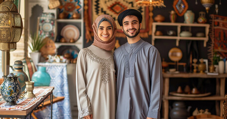 Fototapeta premium Portrait of beautiful smiling young couple standing together at home
