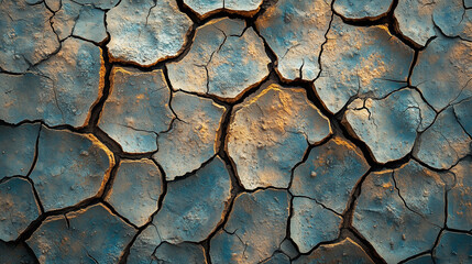 Cracked dry earth surface with blue and orange hues highlighting environmental impact