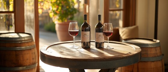 Cozy wine tasting experience with bottles and glasses on a rustic wooden table