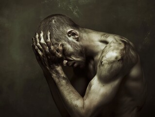 Distressed man with hands covering face in dark lighting