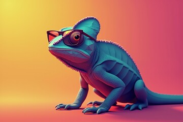 Fototapeta premium Trendy chameleon with glasses on vibrant gradient background.