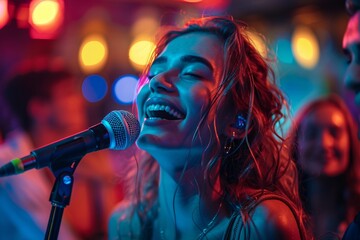 The performer radiates happiness as she sings into a microphone, immersed in colorful lights and surrounded by an enthusiastic audience. The atmosphere is vibrant and energetic