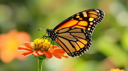 Naklejka premium A stunning monarch butterfly is perched delicately on a vibrant orange flower, capturing the essence of nature's beauty with focus on harmony and simplicity.