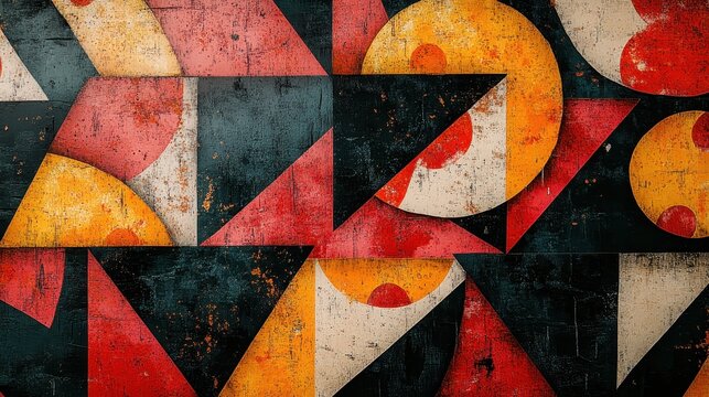 Generative AI illustration of abstract art featuring pizza slice motifs with geometric shapes and a textured vintage background