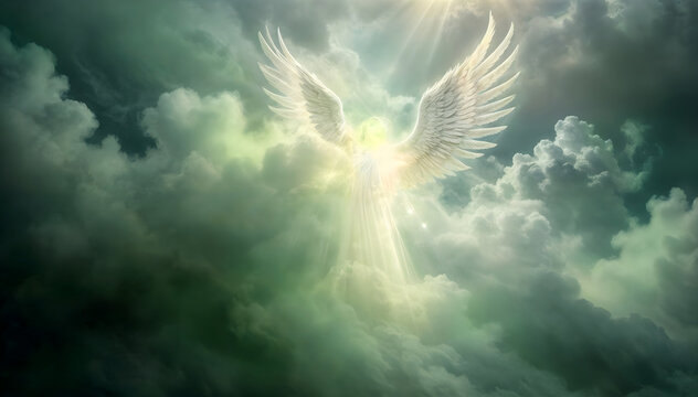 A bright glowing angelic figure with white angel wings, surrounded by a cloudy sky with rays of light and green mist 