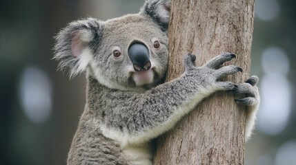 Obraz premium A heartwarming image of a cuddly koala holding onto a tree within its natural habitat, embodying the essence of nature, wildlife, and conservation.