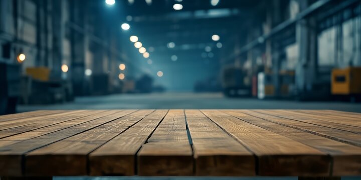 Wooden Tabletop with Blurred Industrial Background