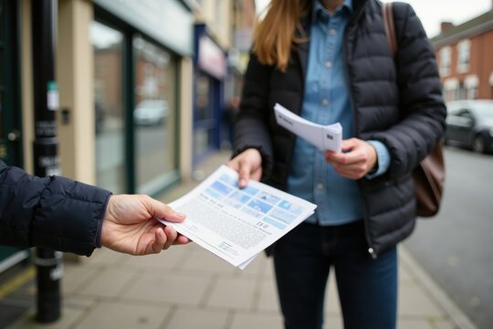 Person distributing flyers on city street in casual attire during daytime.