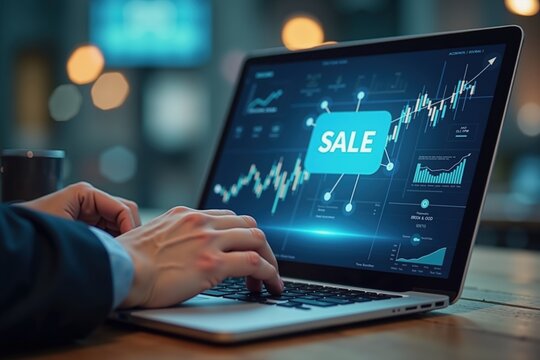 Businessman analyzing stock market trends on laptop with sale indicator.