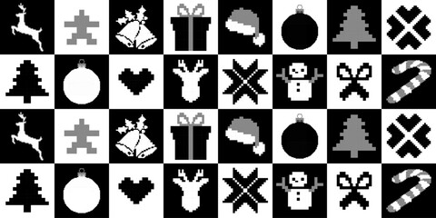  Featuring Reindeer, Trees, Snowmen, Ornaments, and Holiday Icons in Pixel Art Style
Christmas Pixel Pattern with Deers and Elks in the Winter Forest. Traditional Nordic Seamless Striped Ornament. 