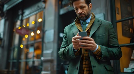 A sophisticated man in a stylish green coat and glasses stands in front of a modern café, holding a smartphone, exuding a sense of urban professionalism and confidence.