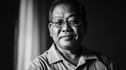 Thoughtful middle-aged man with glasses in black and white portrait