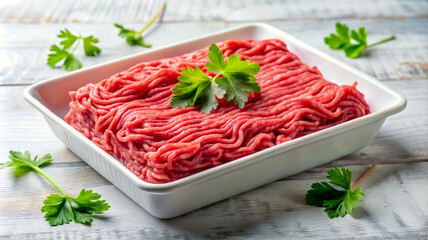 A tray of fresh ground meat with a vibrant red color, garnished with a small parsley leaf on top.