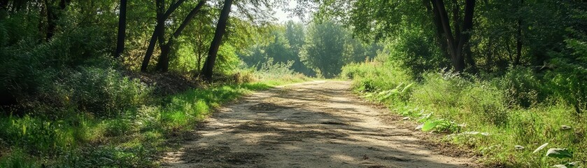 Obraz premium Sunlit path through lush green forest with tall trees.