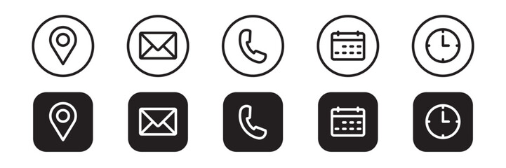 Phone, Email, Message, Envelope, Location, Pin, Map, Gps, Marker, Address, Time, Clock, Date, Calendar icon set. editable line icons. social media icons. vector