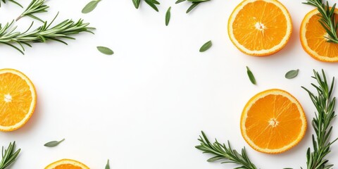 Orange Slices and Rosemary Sprigs Bordering a White Background