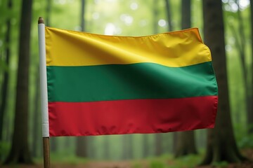 Lithuanian flag waves proudly amidst vibrant green forest background in daylight.