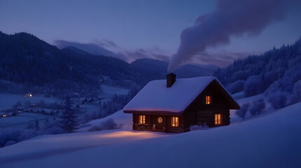 A cozy cabin with snow-covered roof and lit windows nestled in a snowy mountain valley.