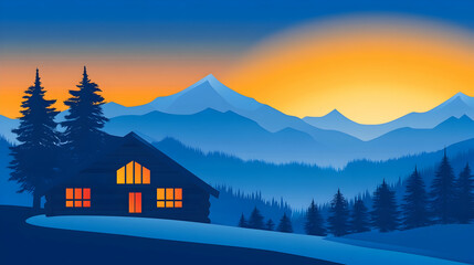 Fototapeta premium A cozy cabin with warm lights sits in front of a mountain range at sunset.