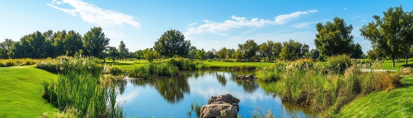 Fototapeta premium Tranquil pond surrounded by lush green grass and trees on a sunny day.