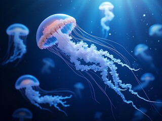 Orange translucent jelly fish swimming in the blue ocean