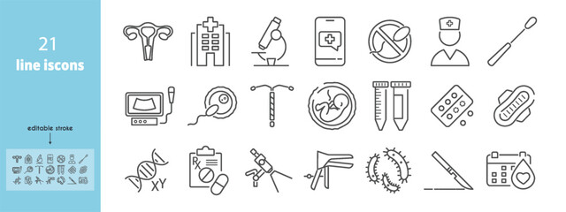 Gynecology clinic line icons set. Contraceptive coil, curette, speculum, embryo, ultrasound, menstruation calendar, sanitary pad, colposcope, women's health vector illustration. Editable Stroke