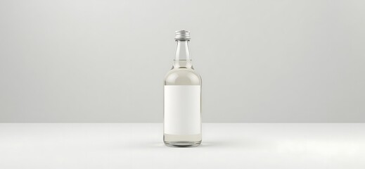 Obraz premium Transparent glass bottle with an empty label on a light gray background in a minimalist style
