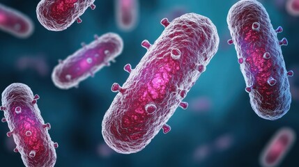 Close-up View of Colorful Bacteria with Detailed Texture and Structure in a Microscopic Environment, Illustrating Microbial Life and Biological Processes