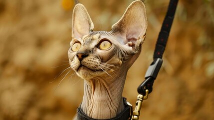 An elegant sphynx cat appears regal under a warm golden light, capturing the essence of mystique and sophistication in an outdoor natural setting.